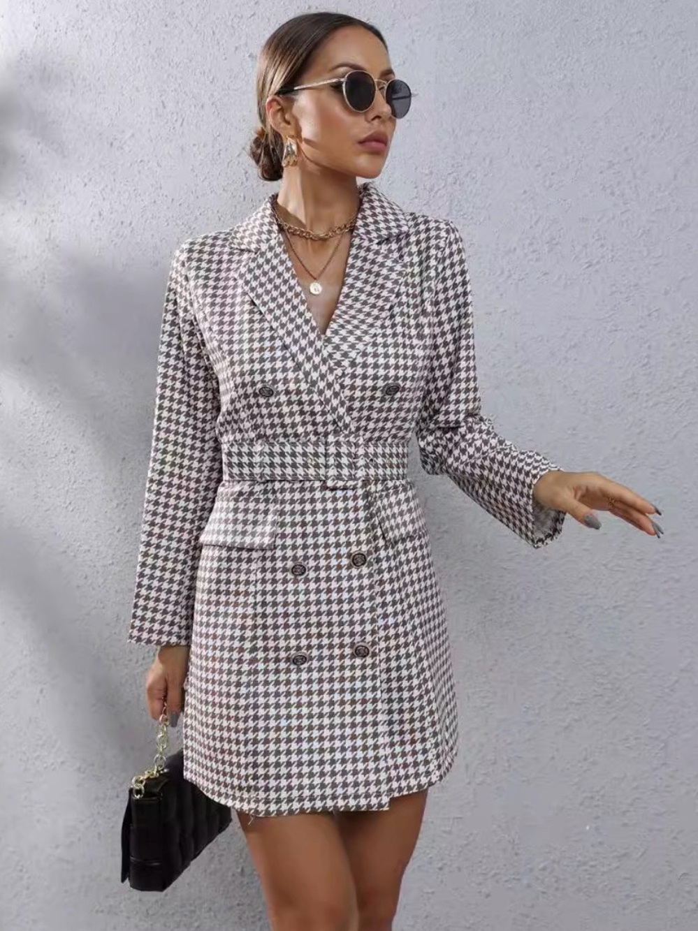 2398 - Chic Houndstooth Double Breasted Blazer Dress Belted Long Sleeve Medium